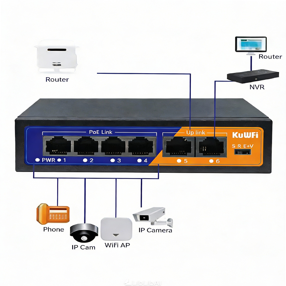 Switch PoE 48V com WiFi | Ethernet Gigabit de 4 portas e hub sem fio para câmeras IP | Solução de rede CCTV Plug & Play
