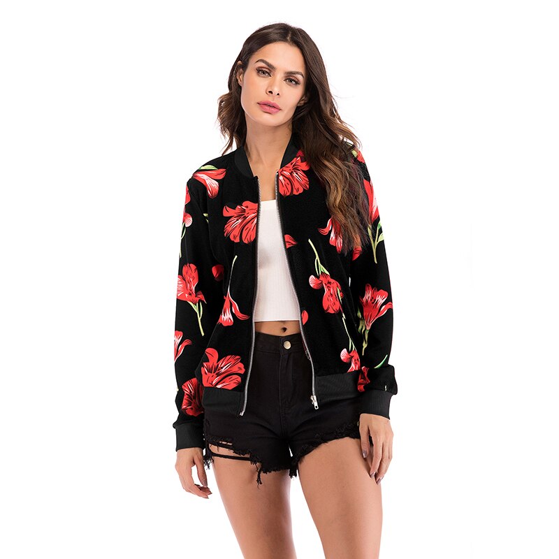 spring Women Jackets Outerwear Flower Floral Print Ladies Zipper Up Short Thin Slim Bomber Jacket Coats Basic Casual: Black / M