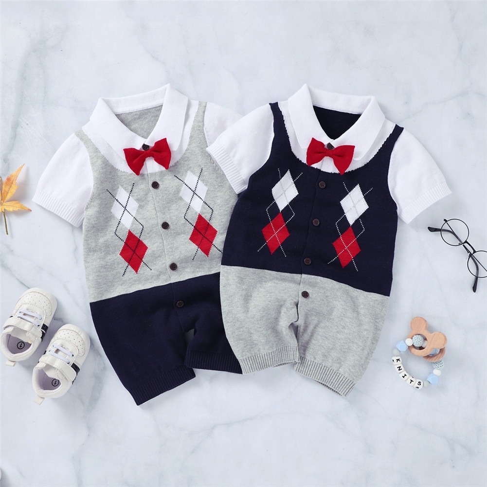 Infant Baby Boys Bow Tie Retro Romper Cotton Short Sleeve Button-Down Folded Patchwork Knitted Patchwork British Style Jumpsuit