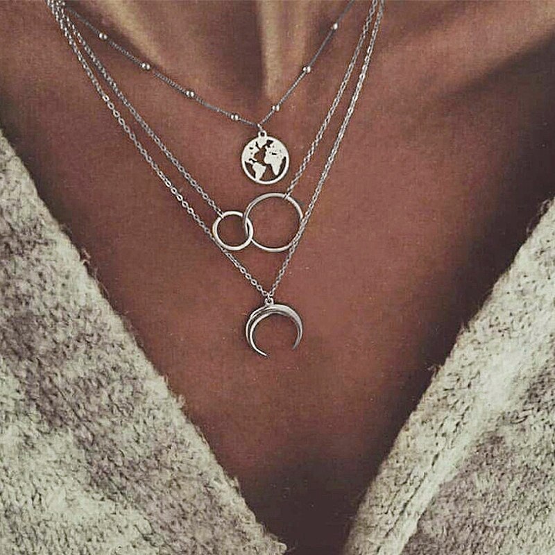 Bohemian Moon Pendant Multilayered Chain Necklace For Women Gold Map Coin Chain Choker Necklace Jewelry Party: FCS1173