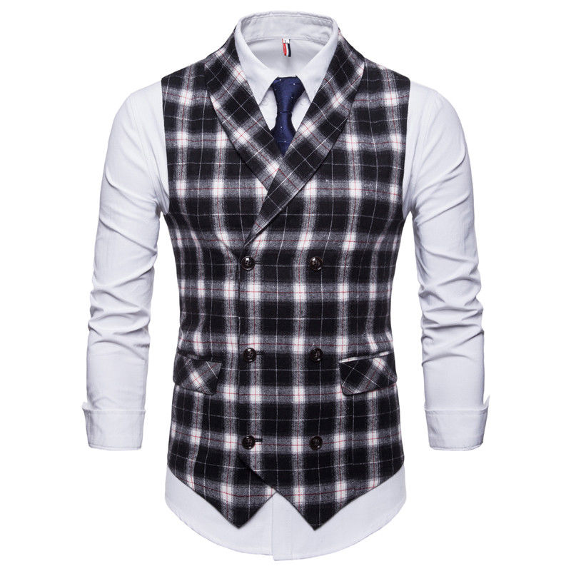 Heren geruit gestreept vintage tweerijig pak vest trendy mannelijk formeel zakelijk slim fit jurk vesten pak smoking vest: Zwarte ruit / Ik