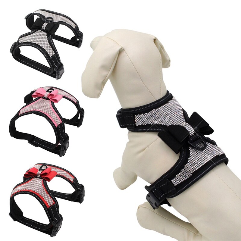 Cloth Dog Leash & Harness Set with Bling Rhinestone Adjustable Puppy Bow Harness 120*2cm Traction Rope Jogging/Walking Tools