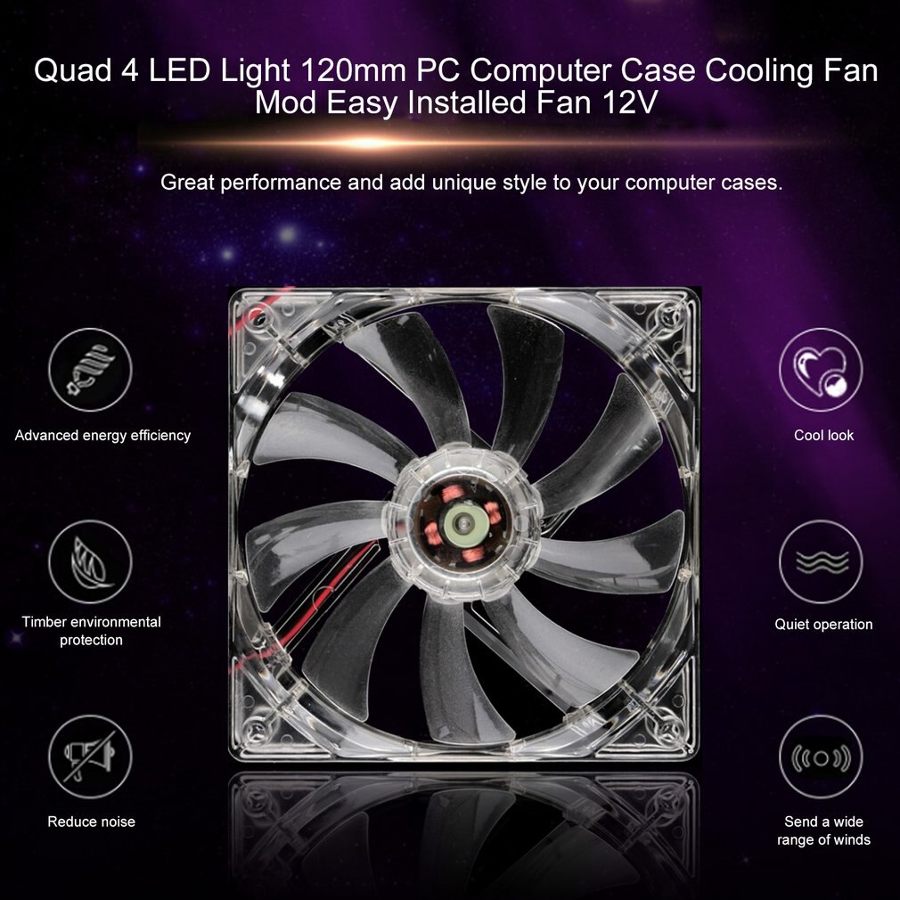 PC Computer Fan Quad 4 LED Light 120mm PC Computer Case Cooling Fan Mod Quiet Molex Connector Easy Installed Fan 12V