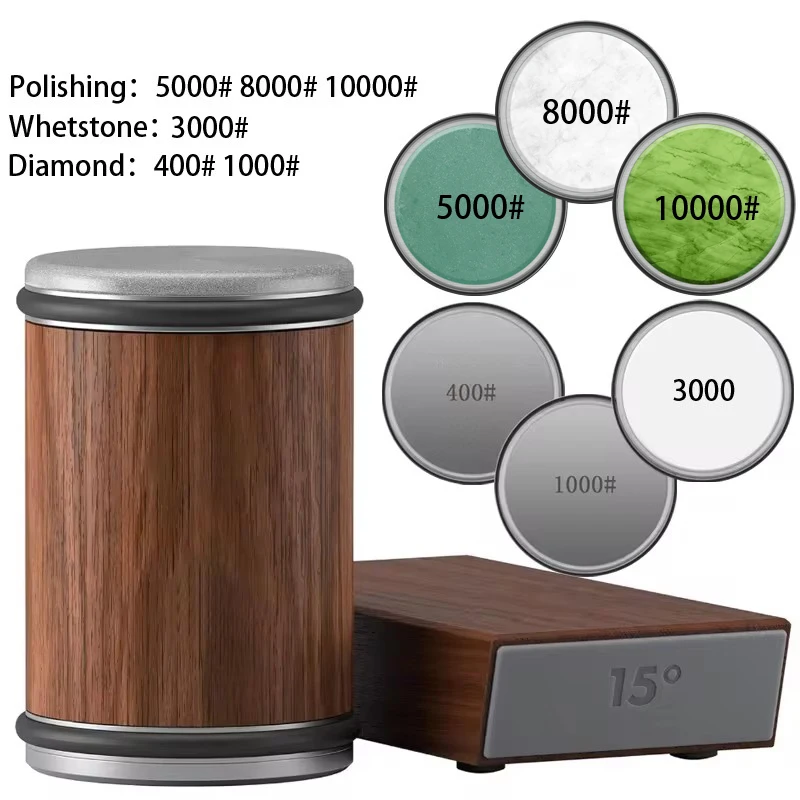 Affilacoltelli magnetico con pietra diamantata per affilare il sistema di macinazione da cucina in legno Accessorio per rullo angolare da 15 a 20 gradi: marrone