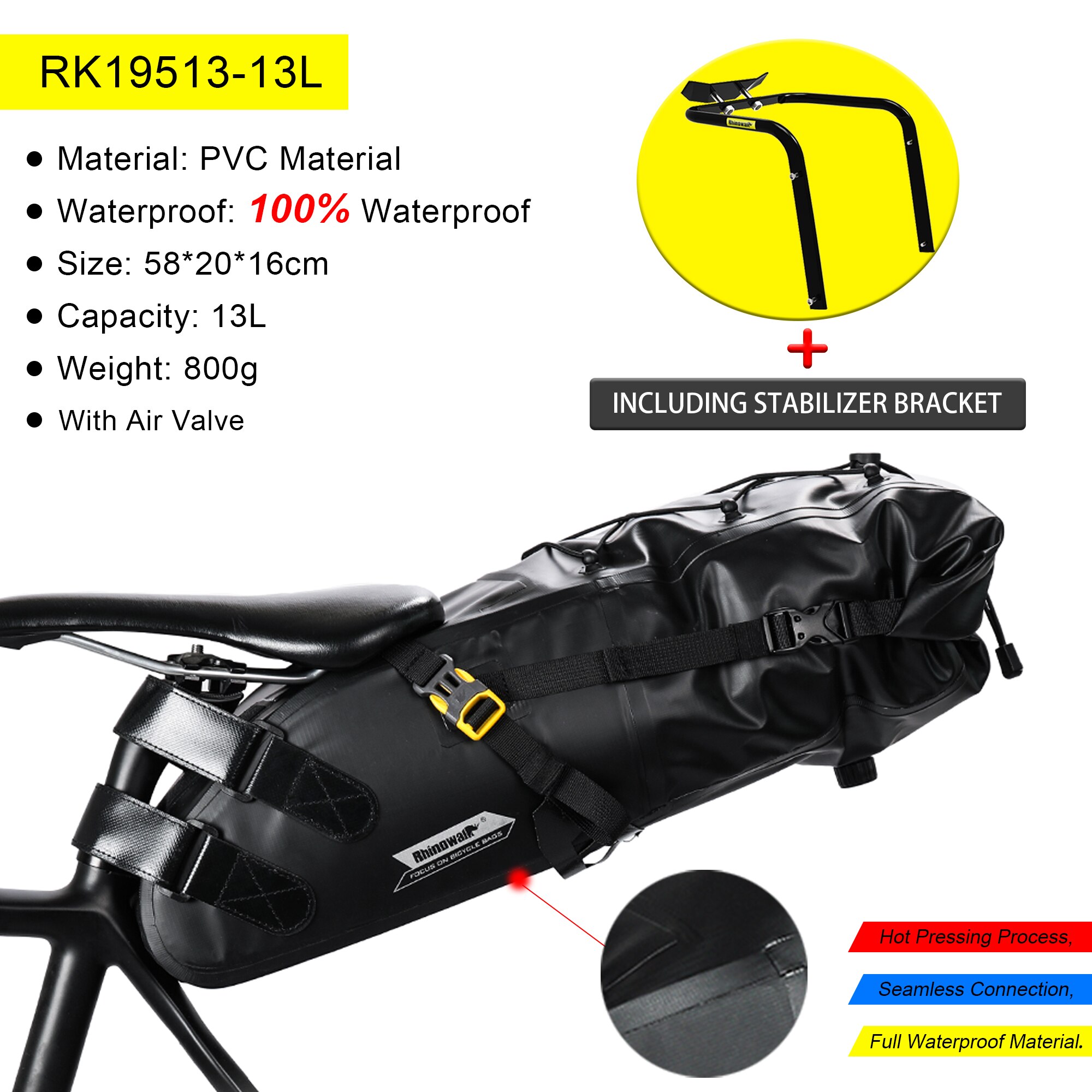 Rhinowalk sykkeltaske bagtail sete salveske brakett stativ 5l-13l bærbar brakett bagasjeholder sykkeltilbehør