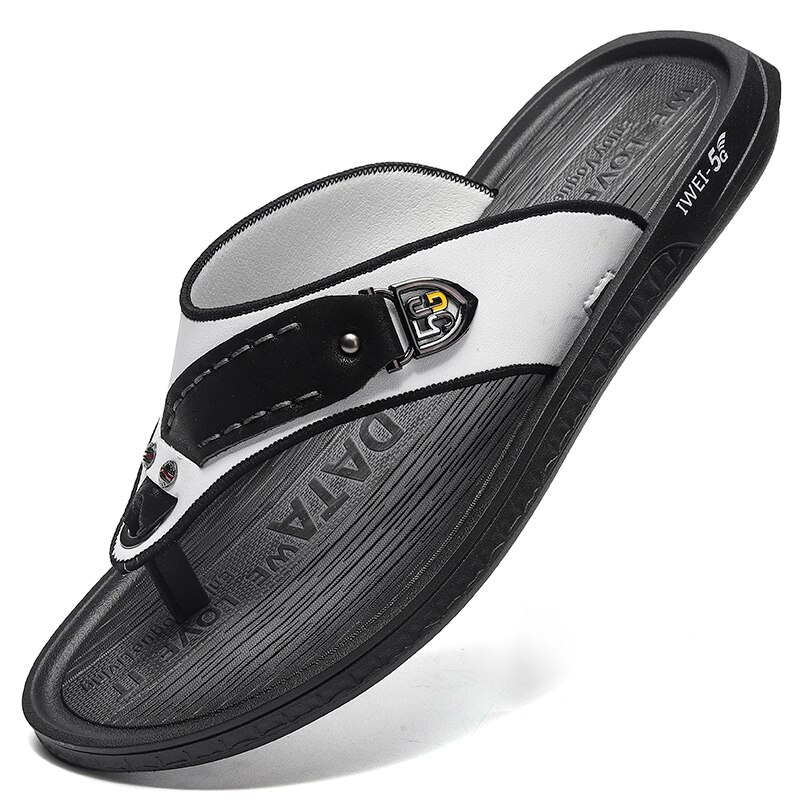 Zapatillas de cuero de para hombre, sandalias de playa cómodas, zapatos informales, chanclas de , calzado de verano,: WHITE BLACK / 8