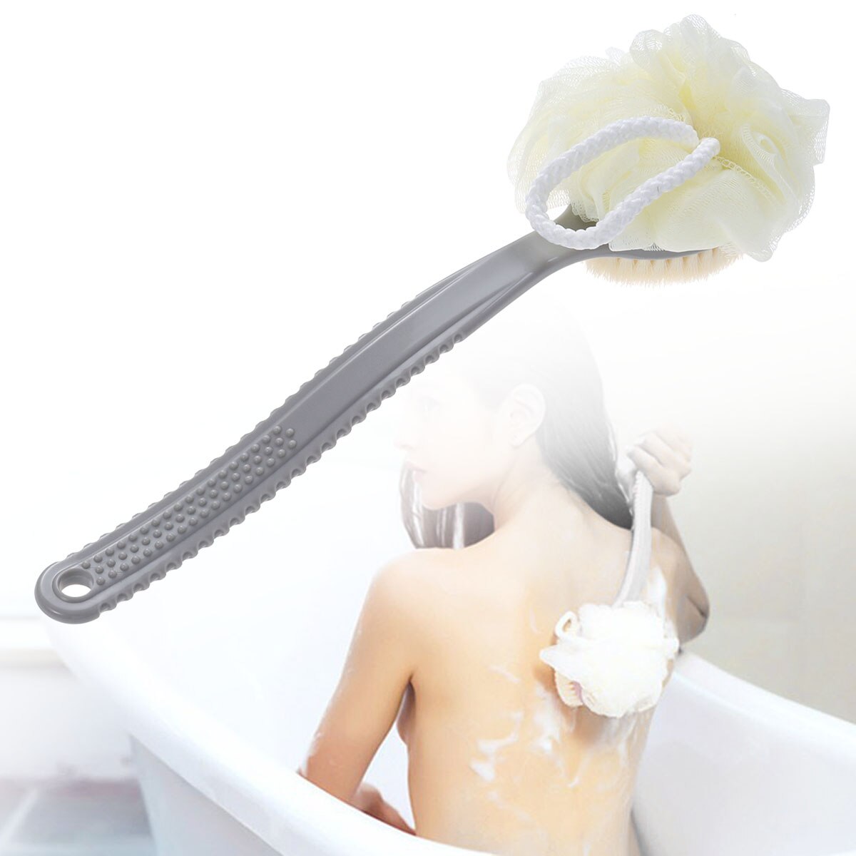 Body Scrub Brush Back Scrubber Bathing Brush with Exfoliating Puff and Strong Nylon Bristles(Grey)