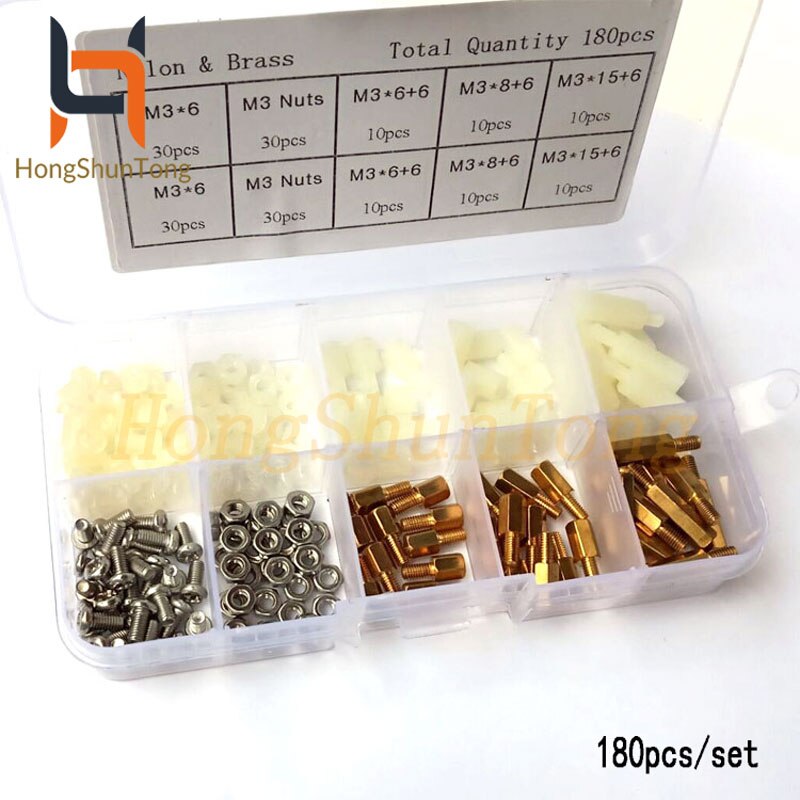 180pcs/set M3 Nylon and Brass White Male-Female M-F Stainless Steel Screws Nut Assortment Box kit set with Plastic Box Hollow