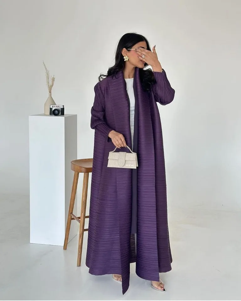 KAF Plissee Frauen Graben Mantel Jahrgang Gedruckt Strickjacke verlieren Plus Größe Frauen Lange Kleid Dubai Weibliche Luxus Abaya 2024