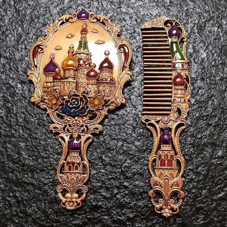 Makijaż lustro chiński Vintage Hollow-out rzeźba Rhinestone lustro zestaw grzebieni z pudełko eleganckie z kieszeniami lustro dla kobiet: 13