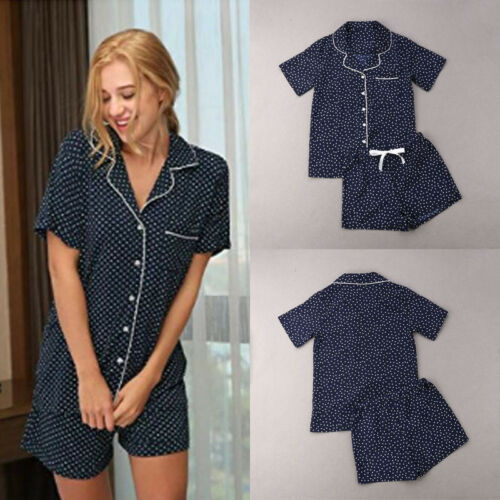 Afslappet kvinder løse pyjamas sæt prik print sommer korte ærmer skjorter+bukser nattøj nattøj kvinde pyjamas hjemmetøj robe