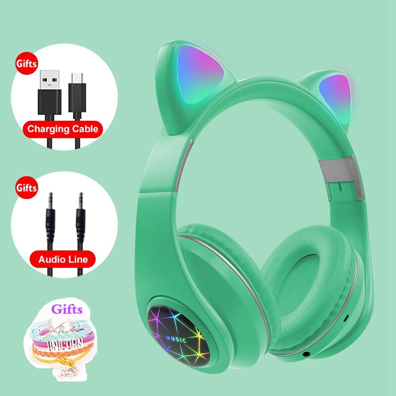 RGB Cat Ear Headphones Bluetooth 5.0 Noise Cancelling Adults Kids girl Headset Support TF Card FM Radio With Mic bracelet: green