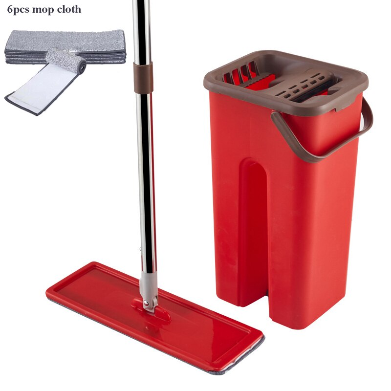 Floor Flat Cleaning Mop of Microfiber Mop Cloth with Bucket Hand Free Wringing Squeeze Mop For Kitchen Tile Wooden floor Wet Dry: red 6 mob cloth