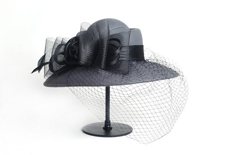 Femmes Floppy Chapeau Laine Floral Voile Filet Plume Large Bord Derby Chapeau Feutrés Occasion Formelle Dance Party Summer Beach Chapeau
