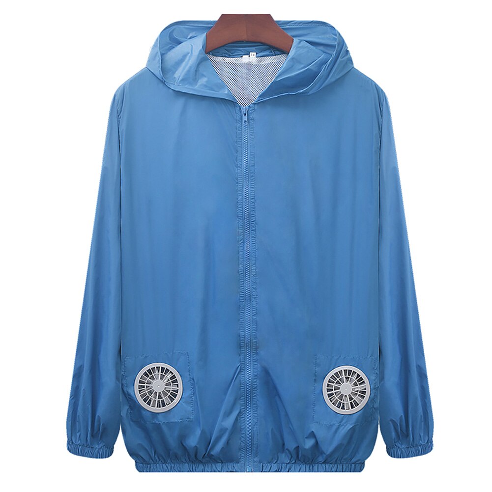 Summer Outdoor Unisex Cooling Fan Long Sleeve Hooded Jacket Sun protection clothing Working Top Coat Fishing Shirt Jacket: Light Blue