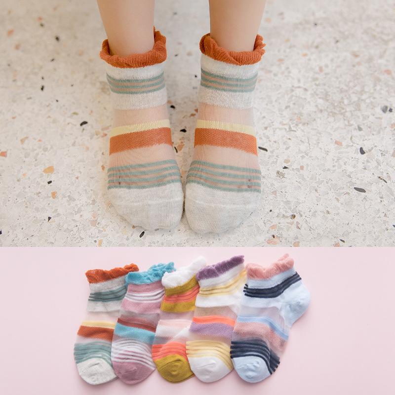 5 paires de chaussettes d'été pour bébé fille, chaussettes courtes en maille, couleur bonbon, à rayures, à pois, fines, confortables et respirantes