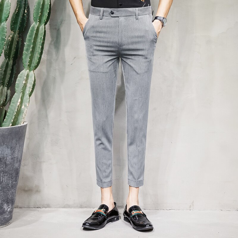 Britse herenstijl, slim fit, zwarte grijze broek, heren formele pantalon, lana streep, heren zakelijke broek, elegante