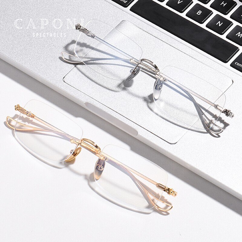 CAPONI Rimless Men Glasses Frame Titanium Business Reading Eyeglasses Support Prescription Computer Optical Clear Glasses J8099