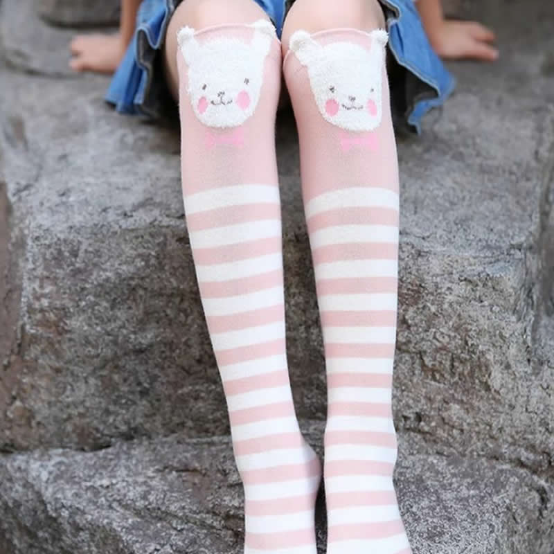 Chaussettes hautes en coton pour enfants, motif dessin animé, imprimé chat, renard: Pink stripe cat