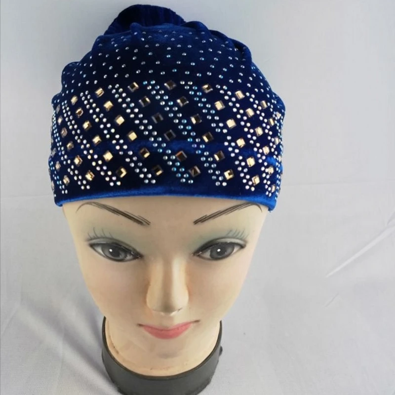 Gorro con diamantes de imitación a la para mujer, tocados de africanos, gorro de terciopelo para el cuidado del cabello, turbante, pañuelo para la cabeza, accesorios para sombrero: Azul