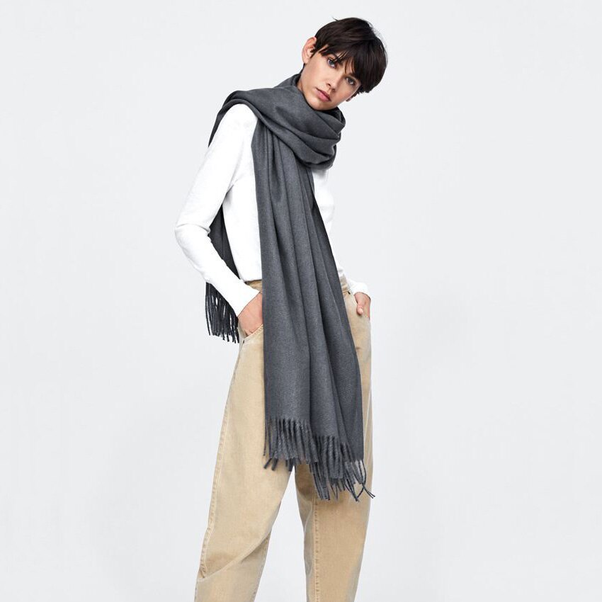 Bufanda de Cachemira de color gris con borlas para mujer, chal de lana lisa, gruesa, cálida, , invierno, novedad
