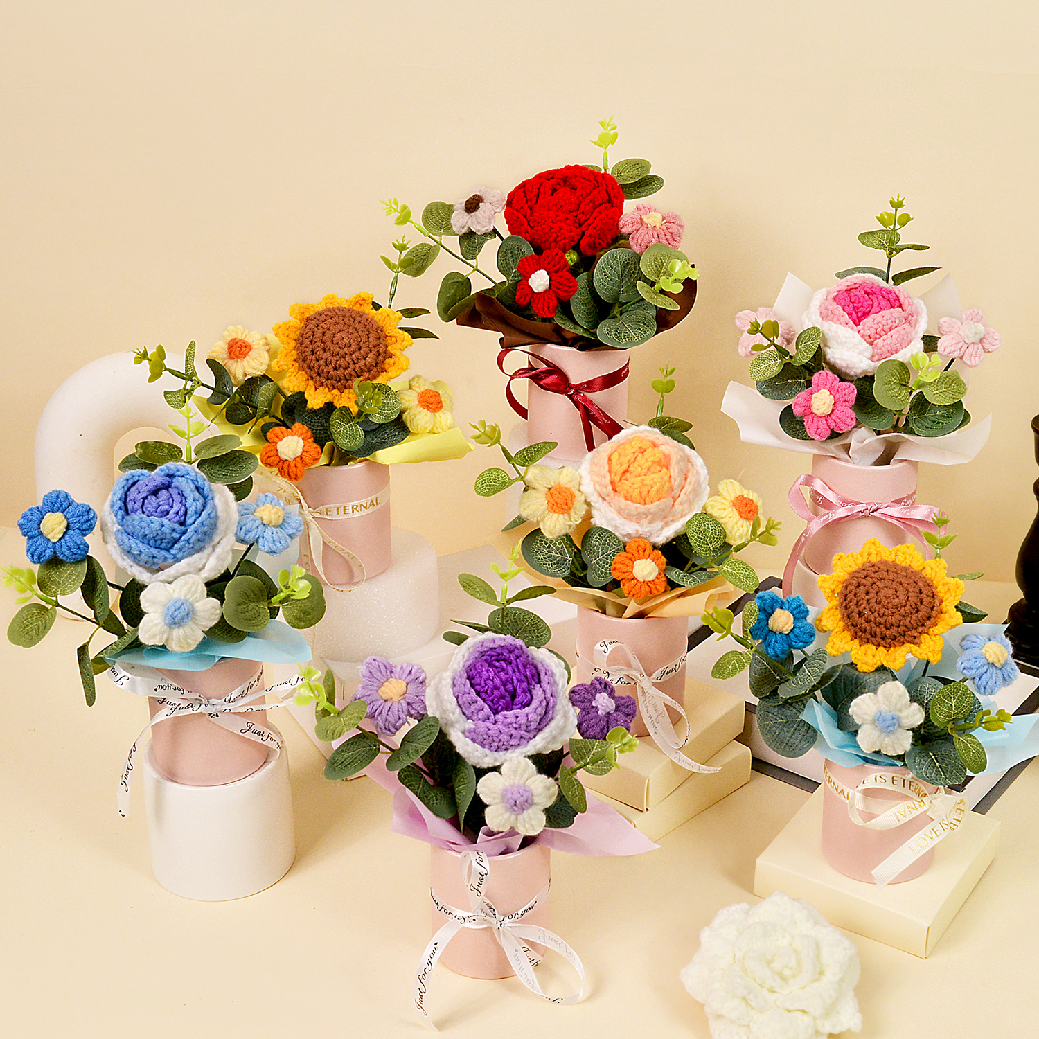 Ramos de flores de ganchillo hechos a mano, tela tejida de ganchillo, ramo de rosas y girasoles, decoración del hogar y para mujer, esposa, mamá, 1 ud.
