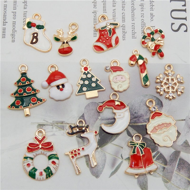 Julie Wang Enamel Christmas Charms Alloy Mixed Santa Claus Tree Bell Sock Snowman Snowflake Pendant Jewelry Making Accessory