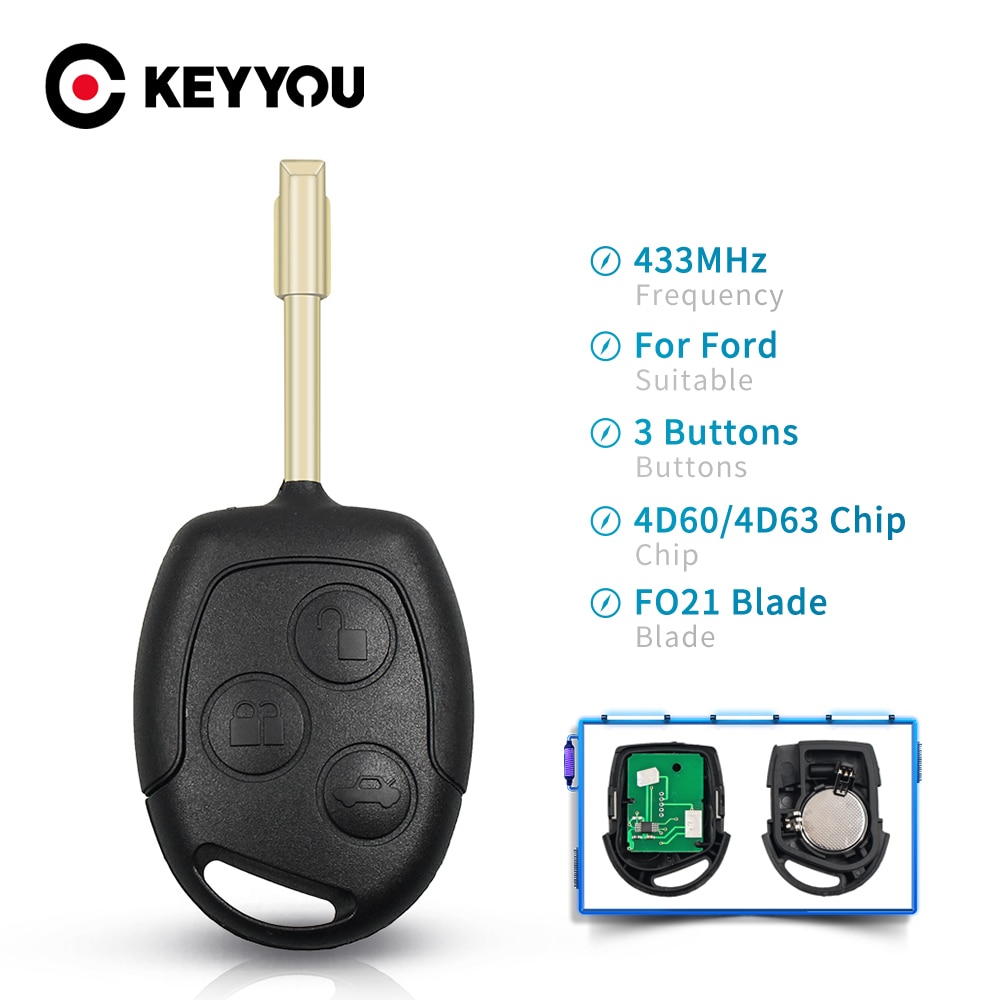 KEYYOU-llave remota de repuesto para coche Ford, transpondedor 4D60/4D63 de 433Mhz para Ford Focus Fusion Mondeo Galaxy, 3 botones, hoja FO21