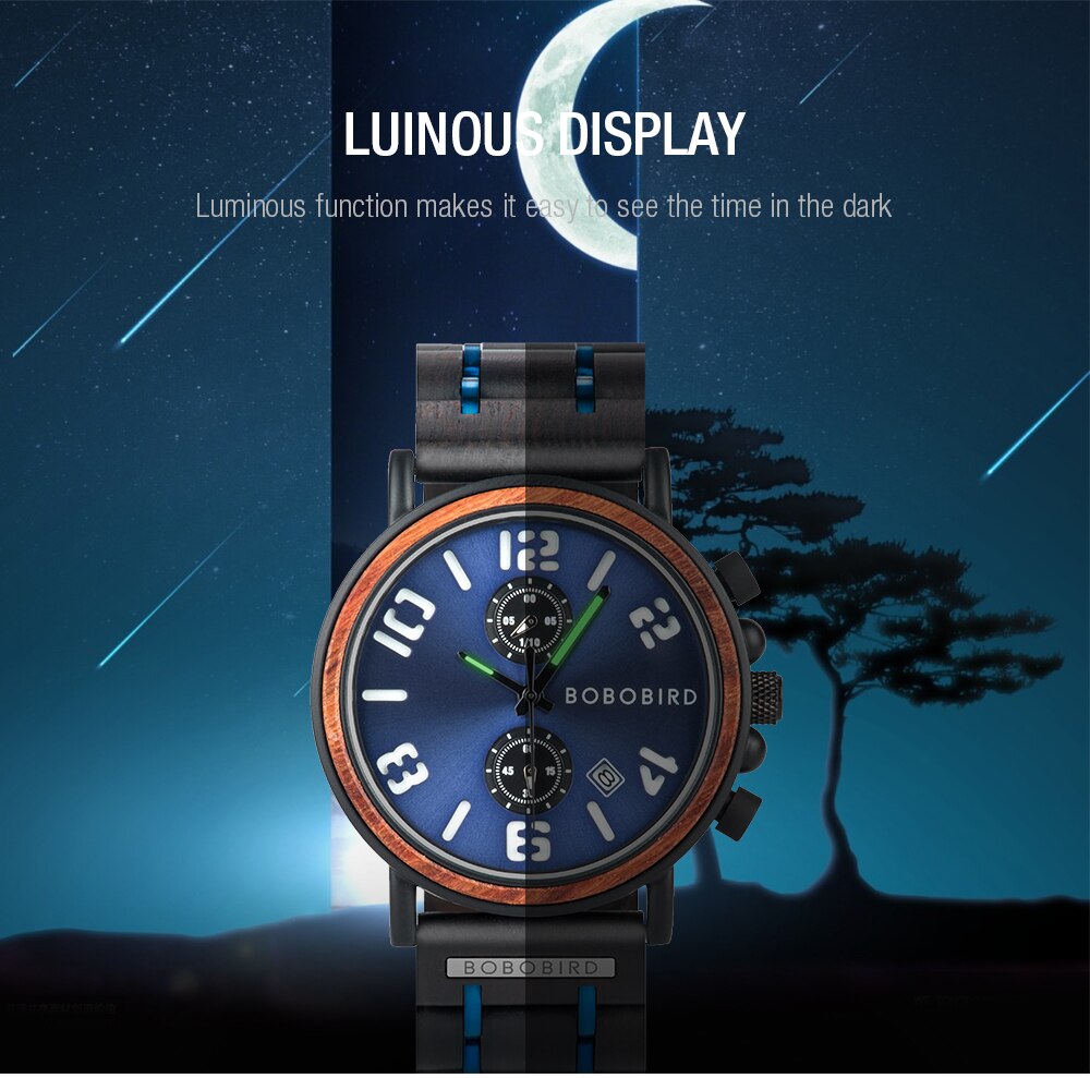 Bobo Bird-relojes de madera de lujo para hombre, reloj masculino, reloj de pulsera de cuarzo con cronógrafo con indicadores luminosos