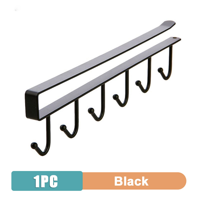 6 Hook Coffee Cup Mug Holder Black White Hooks Shelf Multifunction Kitchen Cabinet Sundries Organizer Storage Hanger: black
