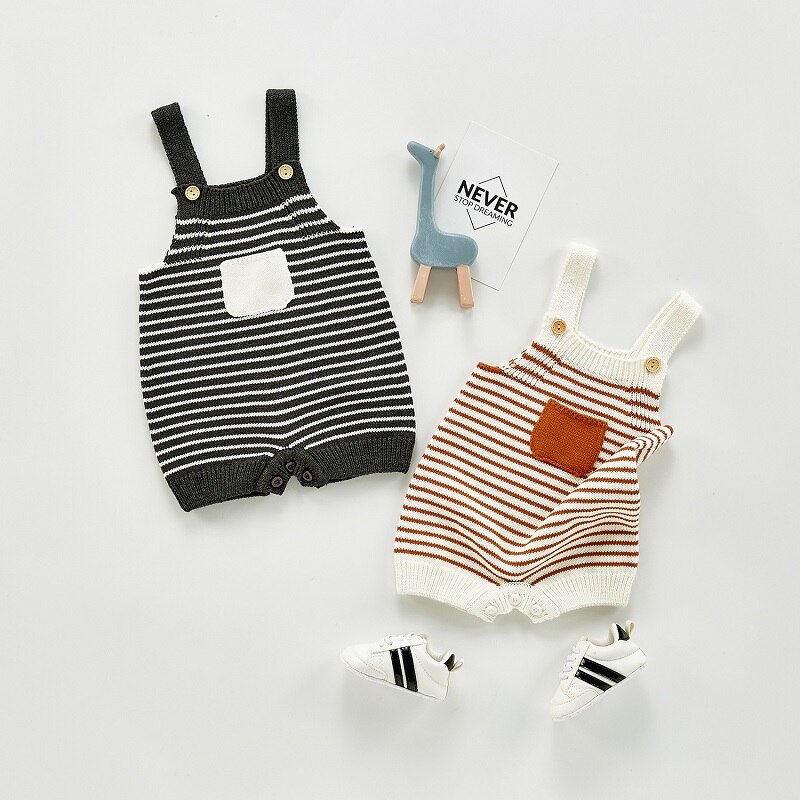 Printemps automne vêtements pour bébés rayé poche tricot Nebworn bébé filles garçons barboteuse coton gilet mignon laine ensemble tenues pour tout-petits