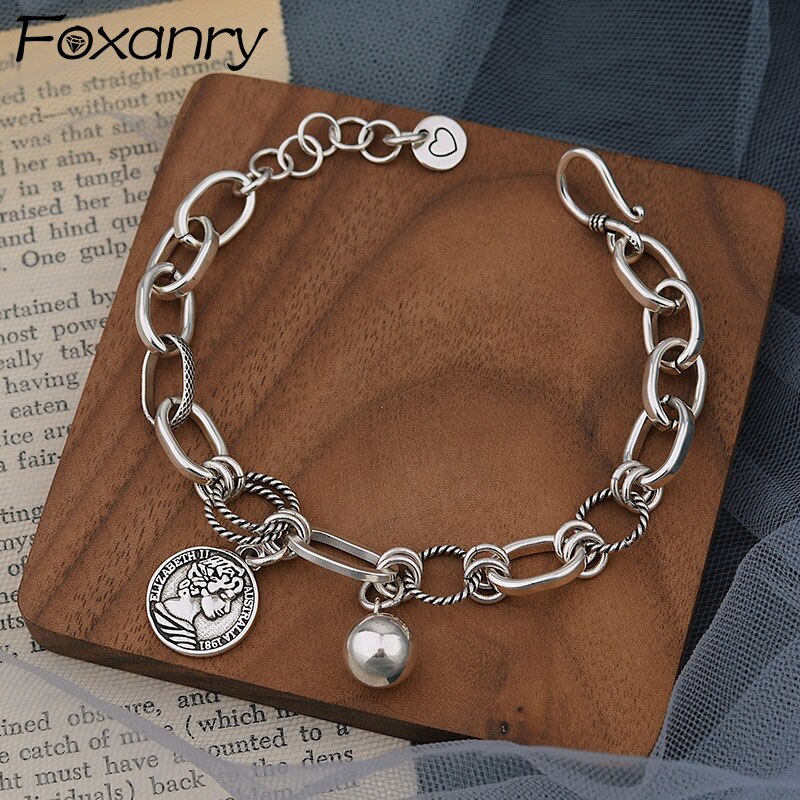 Foxanry Vintage Punk 925 Sterling Zilveren Ketting Brcacelet Voor Vrouwen Zomer Trendy Portret Hanger Handgemaakte Partij Sieraden
