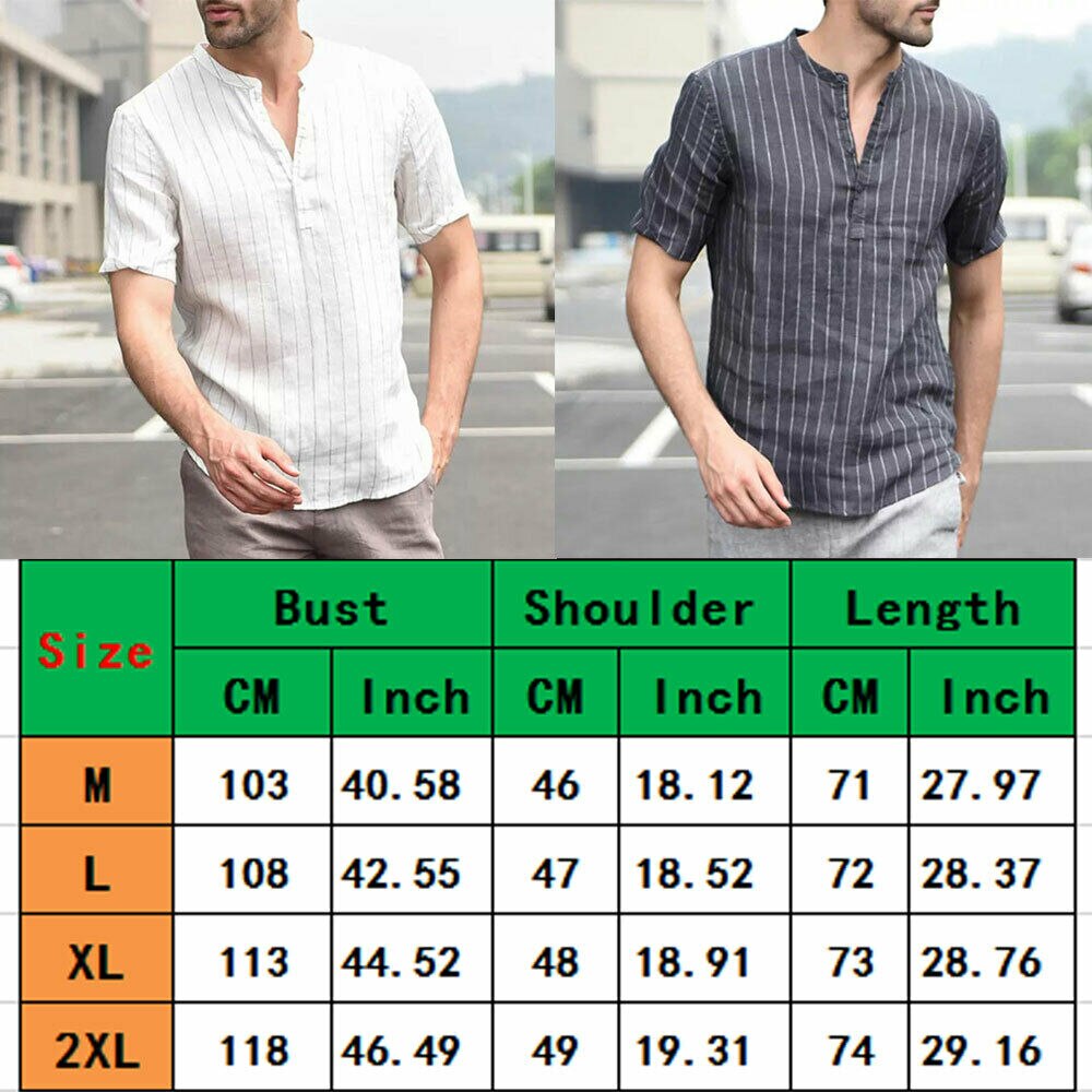 Summer Men's Shirts Linen V Neck Short Sleeve Striped Basic Pullover Gray Slim Tee Stand Collar Casual Tops M-2XL