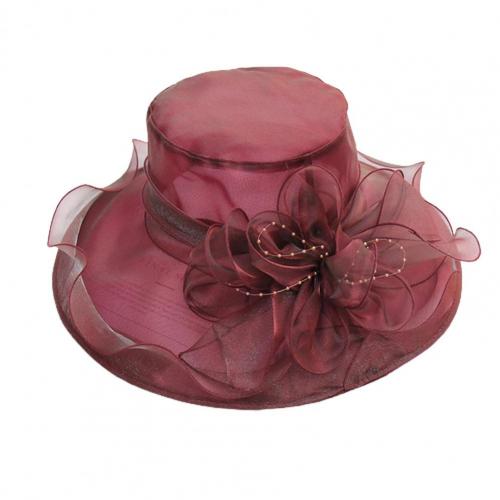 Sombreros elegantes de iglesia para mujer, gorros de fieltro de hilo de red Floral grande para mujer, sombreros de Sol de ala ancha de verano, gorros de fedora vintage: Wine Red A