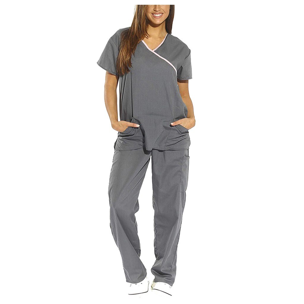 Nurse Uniform Set Women Short Sleeve V-neck Tops+pants Nursing Working Uniform Set Suit Dentista T Shirt Women Scrubs Women: Gray  / XXXL