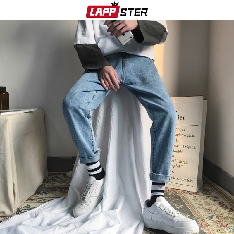 Lappster mænd koreansk mode skinny jeans bukser sommer streetwaer hip hop skinny denim jeans herre lige blå bukser