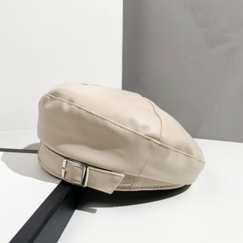2021Women Girl belt Beret Artist Warm Wool Winter Beanie Hat Cap Vintage Plain Beret Hats Solid Color Lady leather Caps: 4
