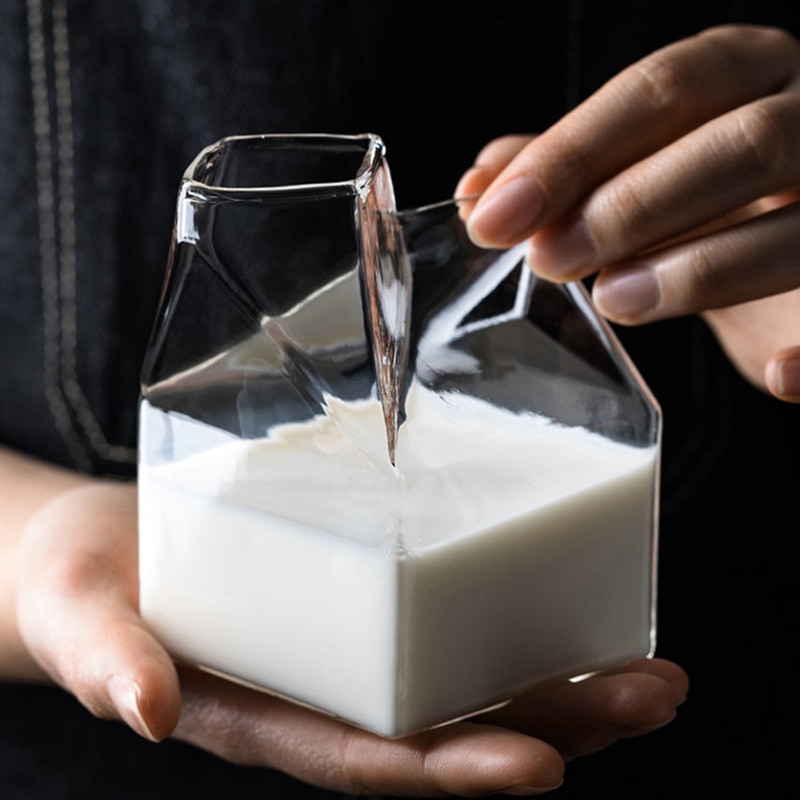 Square Milk Glass Milk Box Glass Mug Milk Box Cup Half Pint Coffee Glass Juice Cup Pure Handmade Crafts Mini Creamer Jug