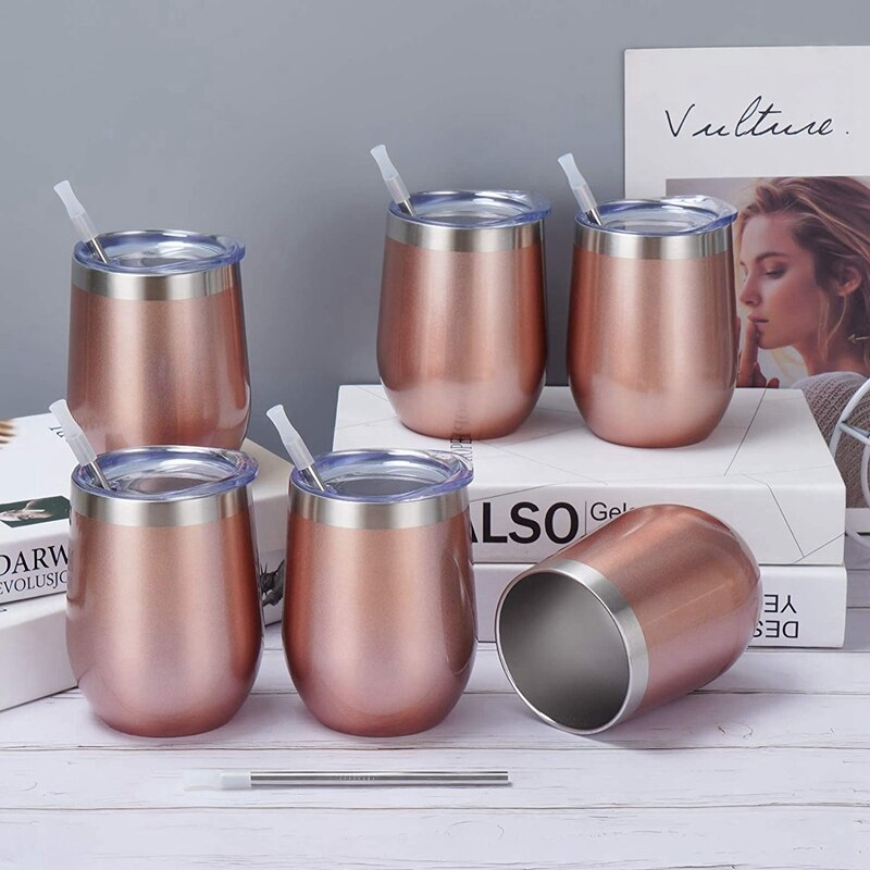 6 Pack Stainless Steel Wine Tumbler Wine Glass, 12Oz Double Wall Vacuum Insulated Wine Tumbler With Lid Straw