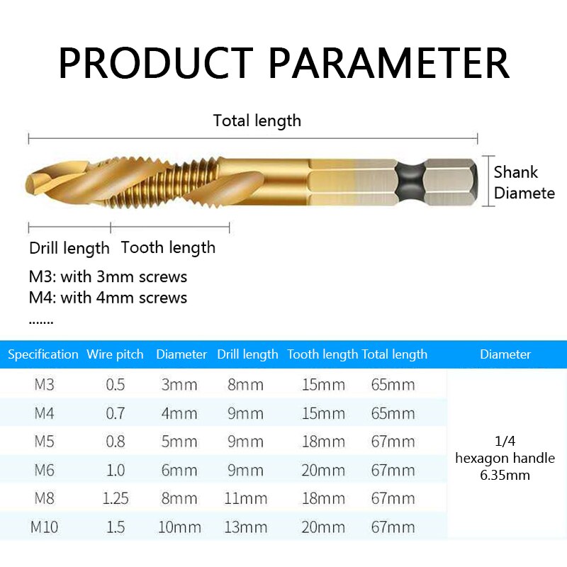 Tap Drill Titanium Plated Hex Shank HSS Screw Thread Metric Tap Drill Bits Screw Machine Compound M3 M4 M5 M6 M8 M10 Hand Tools