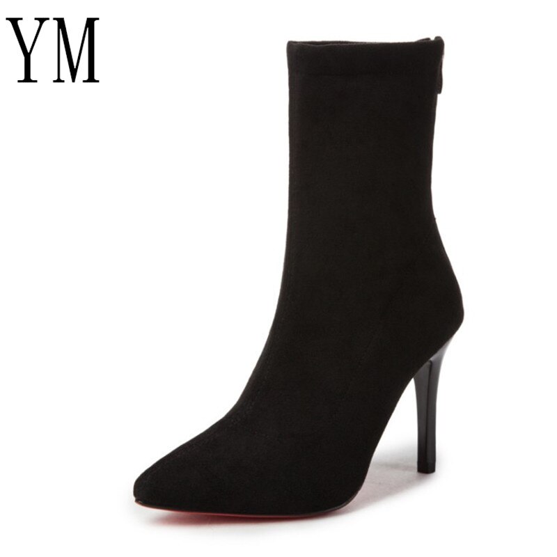 Dam sock boots spetsiga tå elastiska hög slip on häl hög ankel pumps stilett botas mujer höga boots zapatos muje