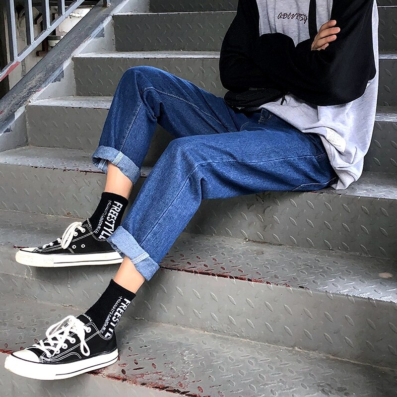 Menn jeans solid enkel rett all-match ankellange dongeribukser herre løs fritid trendy koreansk stil street-wear ulzzang: K112- mørkeblå / S