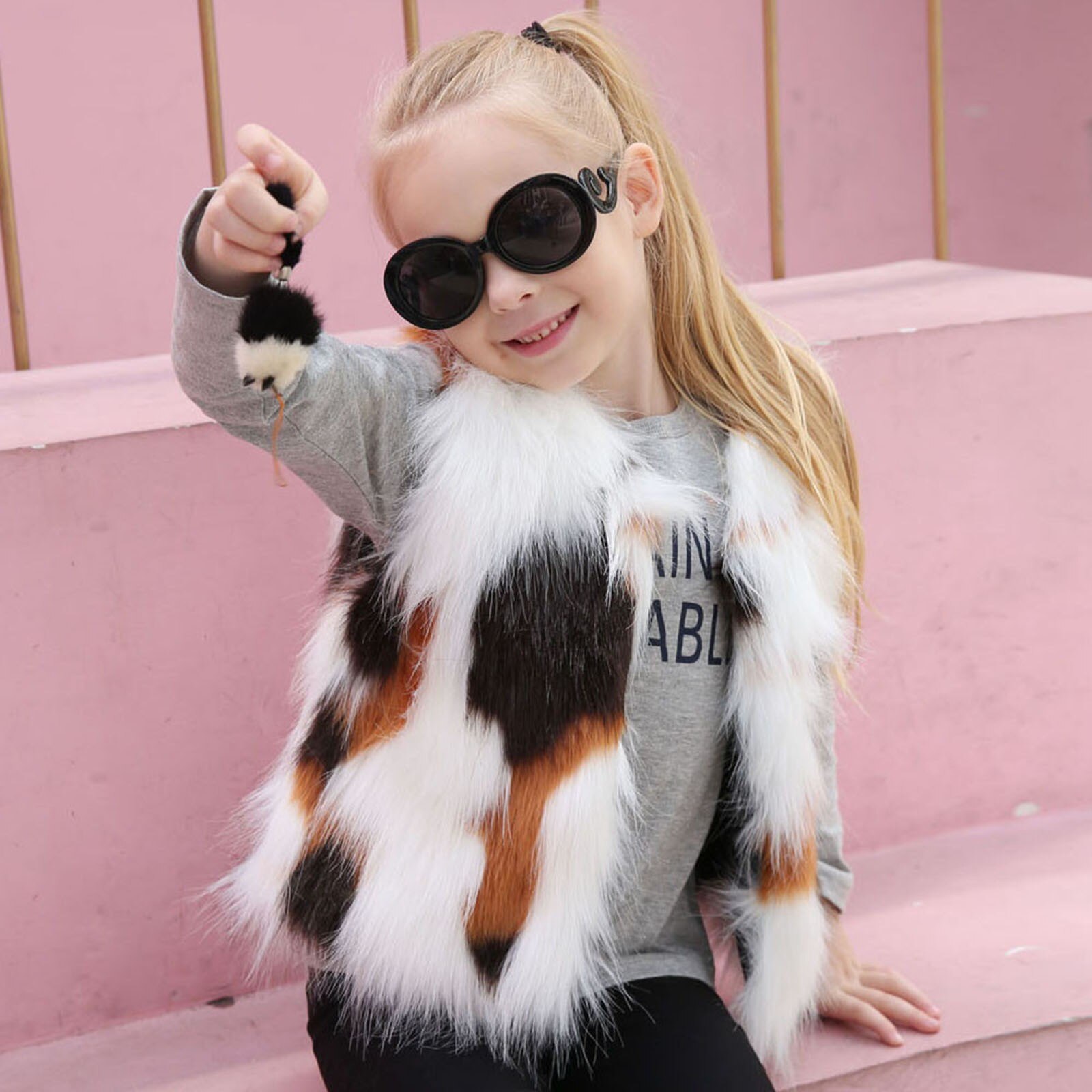 Autumn and winter girls' imitation fur stitching vest jacket boutique wool blended vest thick jacket warm jacket F4*