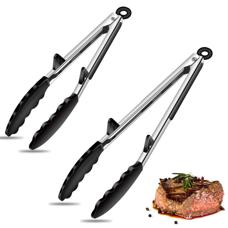 2PCS Food Tong Stainless Steel Kitchen Tongs With Non-Stick Silicone Tips Built-in Stand Clip Tong For BBQ, Salad, Grilling, Fry
