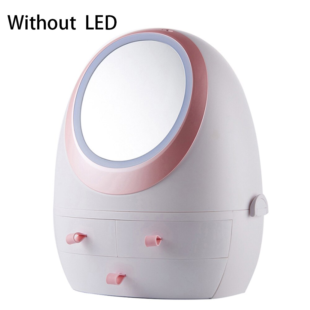Makeup Organizer Cosmetic Storage Box With LED light Jewelry Container Dust proof Drawer Waterproof Vanity mirror USB Charging: White Without LED