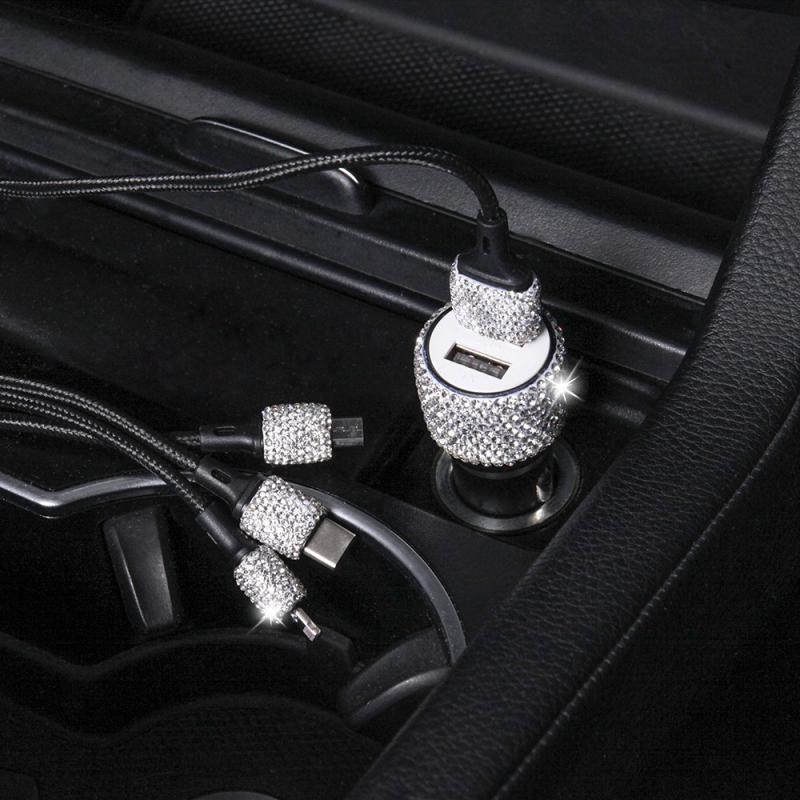 Cargador USB Dual para coche, accesorio para teléfono móvil, tableta, GPS, Cable de diamante de cristal, encendedor de cigarrillos, con Cable USB para teléfono