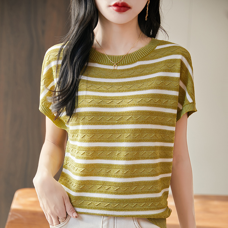 Summer women's T-shirt Lyocell knitted short sleeved casual striped Tees loose round neck Tops Blouse