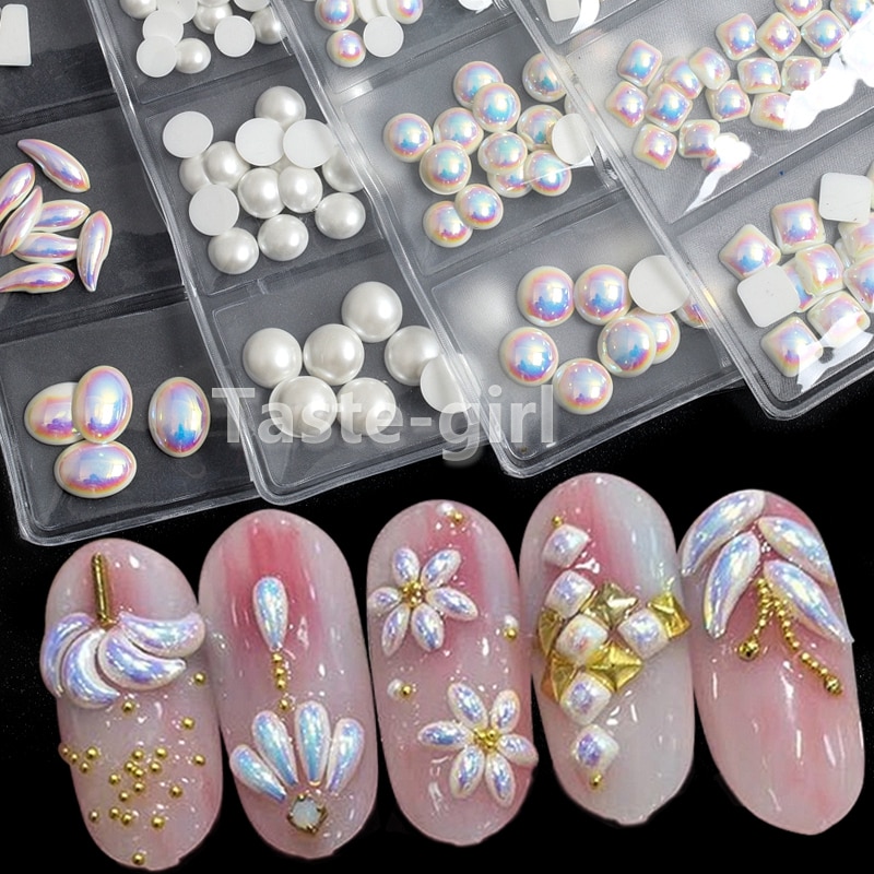 1 pakke hvide abs imiterede perler blandet flad ryg 3d nail art dekorationer perler rhinestones negle tilbehør sten