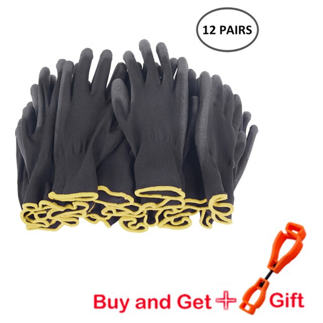 12-24 par manliga och kvinnliga nylonhandskar pu bästa arbetshandskar svarta nylon säkerhetsmaskiner arbetshandskar: M storlek 12 par