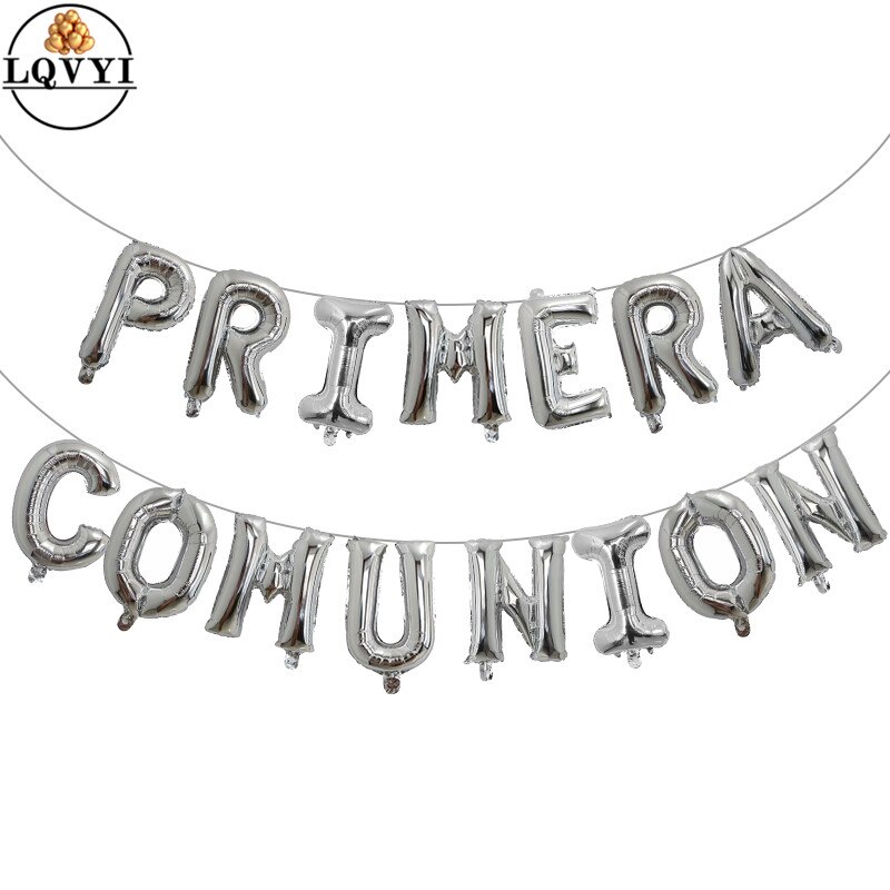 15pcs 16inch Letter Holy first communion decoration Silver foil balloons banner Gold Spanish Primera comunion hanging bunting: silver